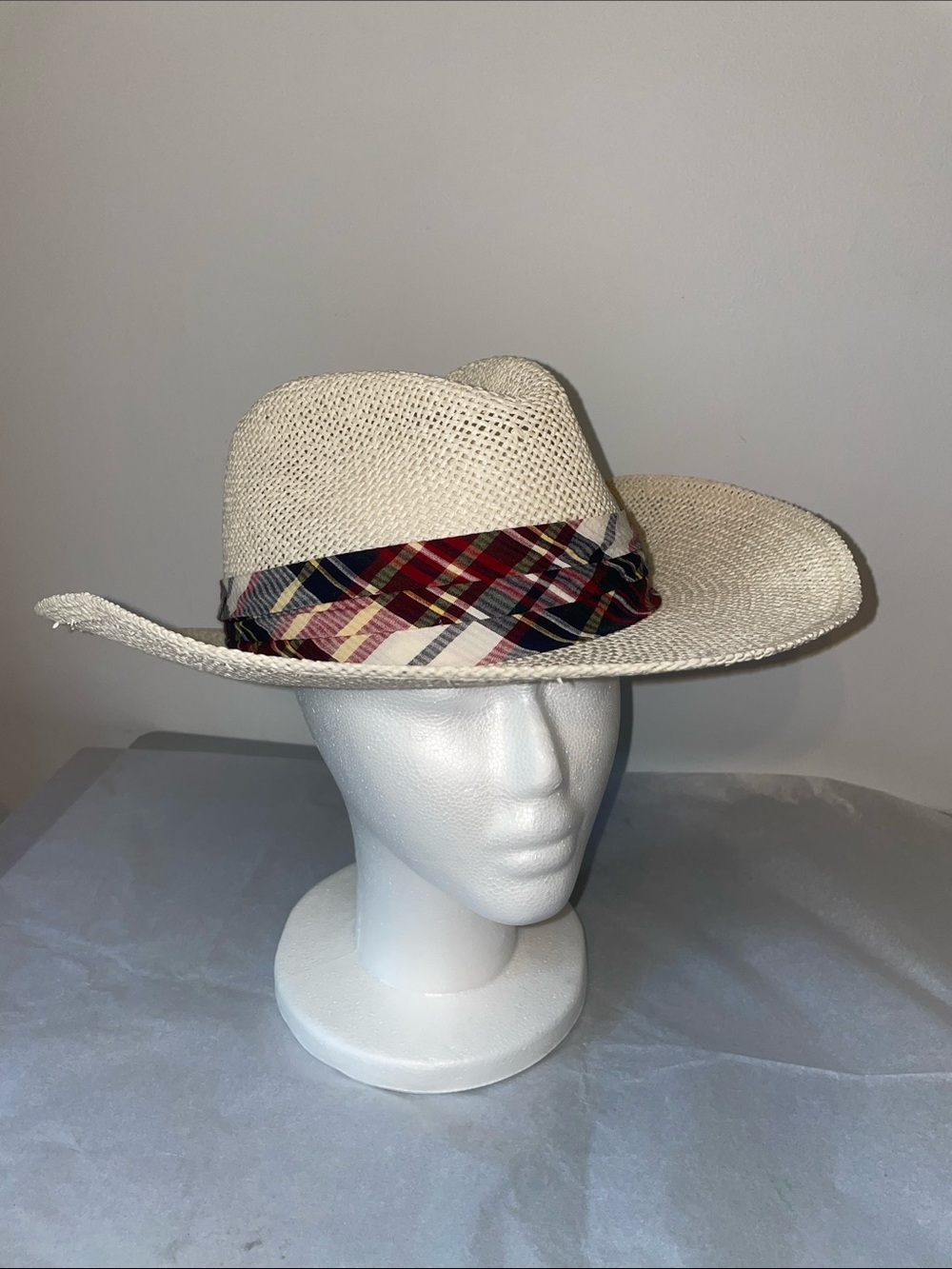 Wide-Brim Fedora with Plaid Band - Cream Cowboy Hat